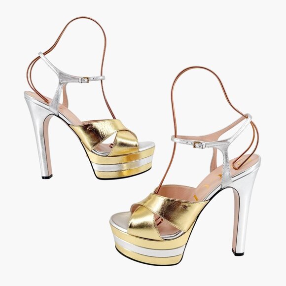 Gucci Angel Platform Sandals Size 40 US 10 Gold Silver GG Criss Cross High Heel - Picture 9 of 15